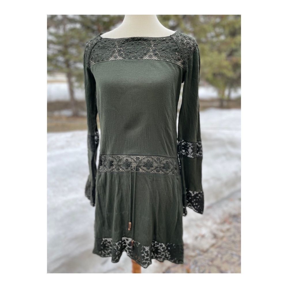 Y2K Michelle Jonas Green Tunic Drop Waist Boho Crotchet Trim Sz L Resort Travel